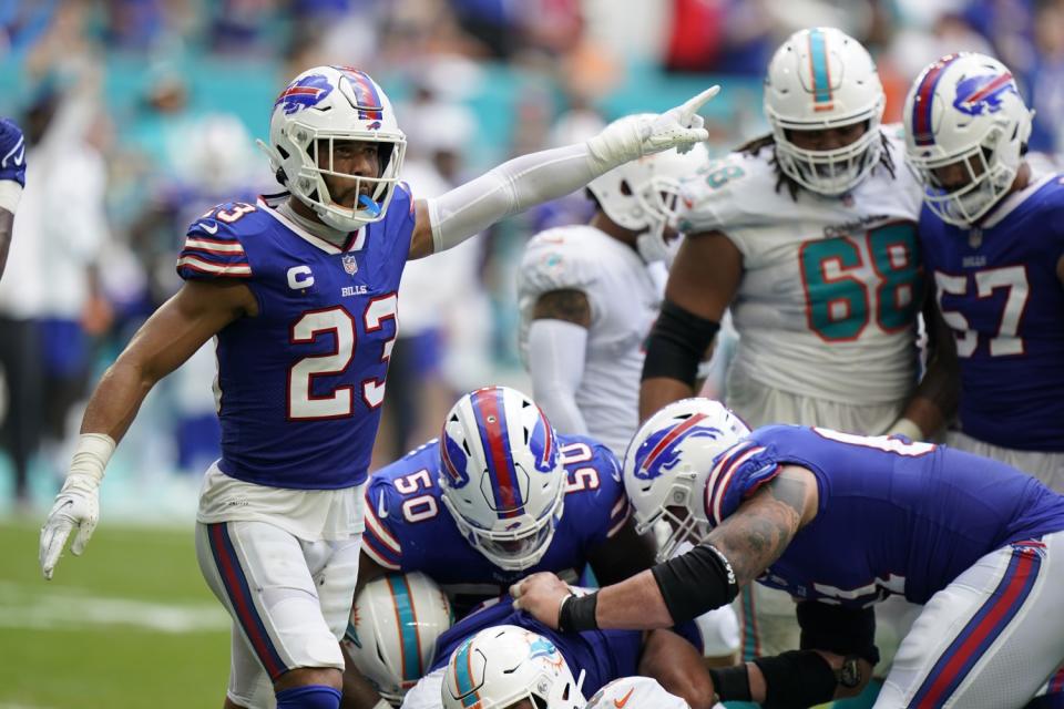 Buffalo Bills strong safety Micah Hyde gestures.