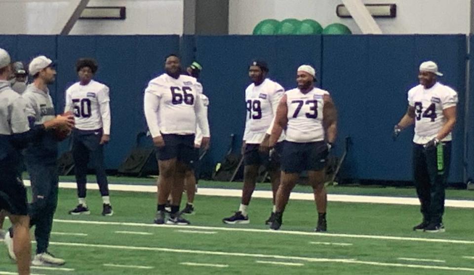 Defensive tackle Matt Gotel (73) from Tacoma, Lakes High School and the University of West Florida, made the Seahawks’ 90-man offseason roster after a local tryout before the NFL draft. He participated with 57 other players at Seattle’s rookie minicamp May 6-8, 2022.