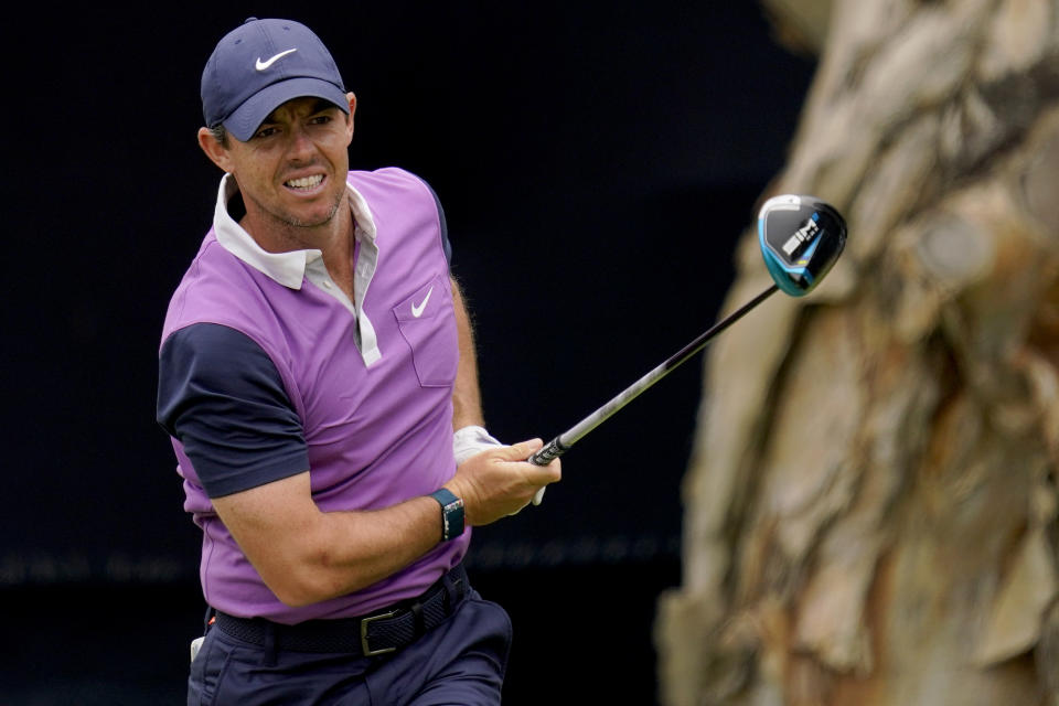 Rory McIlroy, of Northern Ireland, plays his shot from the seventh tee during the third round of the U.S. Open Golf Championship, Saturday, June 19, 2021, at Torrey Pines Golf Course in San Diego. (AP Photo/Gregory Bull)