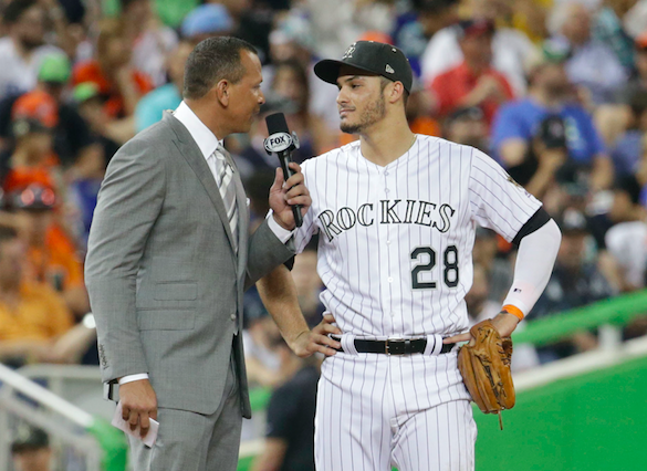 Alex Rodriguez and Nolan Arenado chatted on the field at the 2017 All-Star Game. (AP Photo)