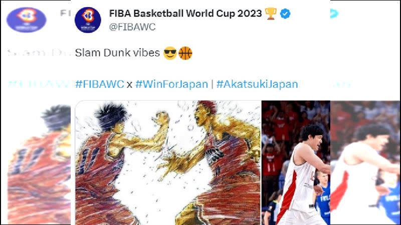 FIBA世界盃官方賽後在社群媒體PO上知名動漫灌籃高手主角擊掌經典一幕和日本隊賽後獲勝畫面對照。（圖／翻攝自FIBA世界盃X）