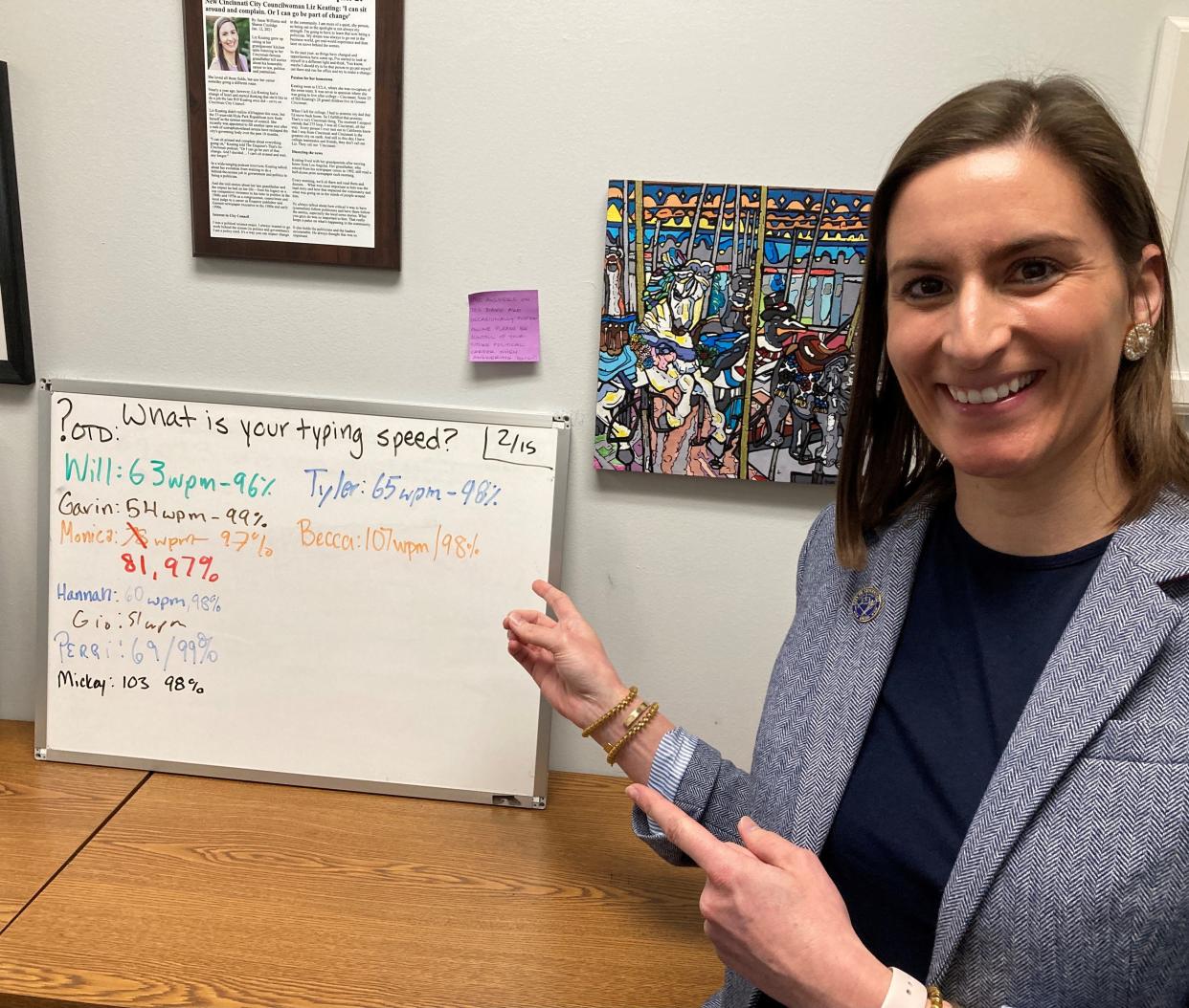 Cincinnati Councilwoman Liz Keating shows her popular “Question of the Day” board in her City Hall office.