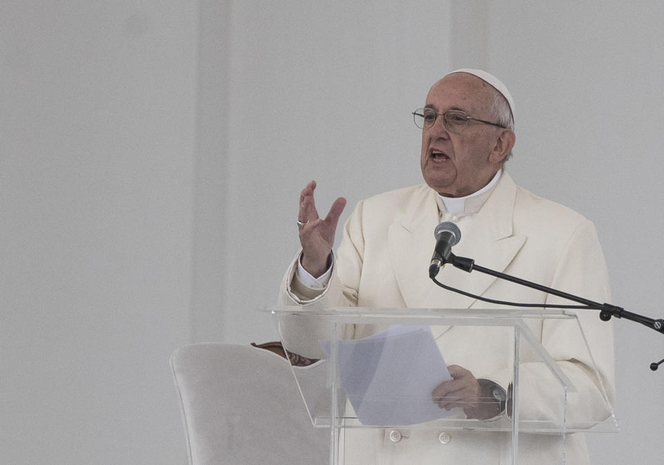 Pope Francis delivers his speech during the meeting with youths at the Cathedral Square in Vilnius, Lithuania, Saturday Sept. 22, 2018. Pope Francis begins a four-day visit to the Baltics amid renewed alarm about Moscow's intentions in the region it has twice occupied. (AP Photo/Mindaugas Kulbis)