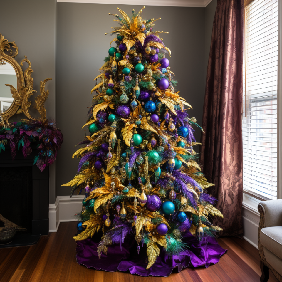 A Christmas tree with a silk tree skirt underneath it that's covered in various bulb ornaments along with feather-like decorations and leaf-like decorations with a plant-like topper