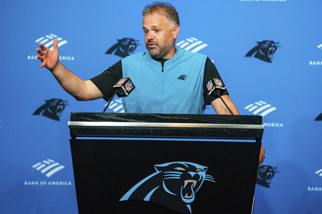 Carolina Panthers head coach Matt Rhule talks to the press after an NFL football game against the New Orleans Saints, Sunday, Sept. 25, 2022, in Charlotte, N.C. (AP Photo/Jacob Kupferman)