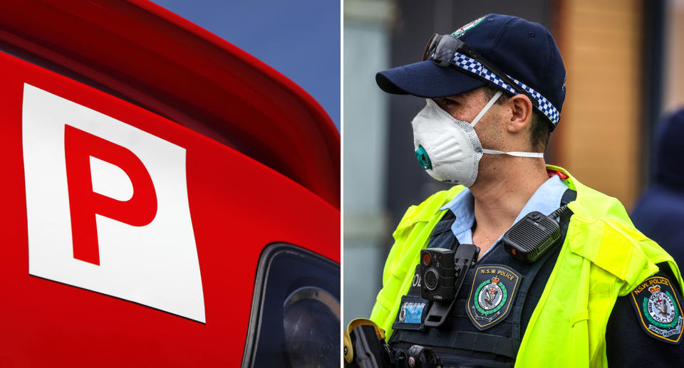 A P plate on a red car (left) and a police officer wearing a face mask (right)