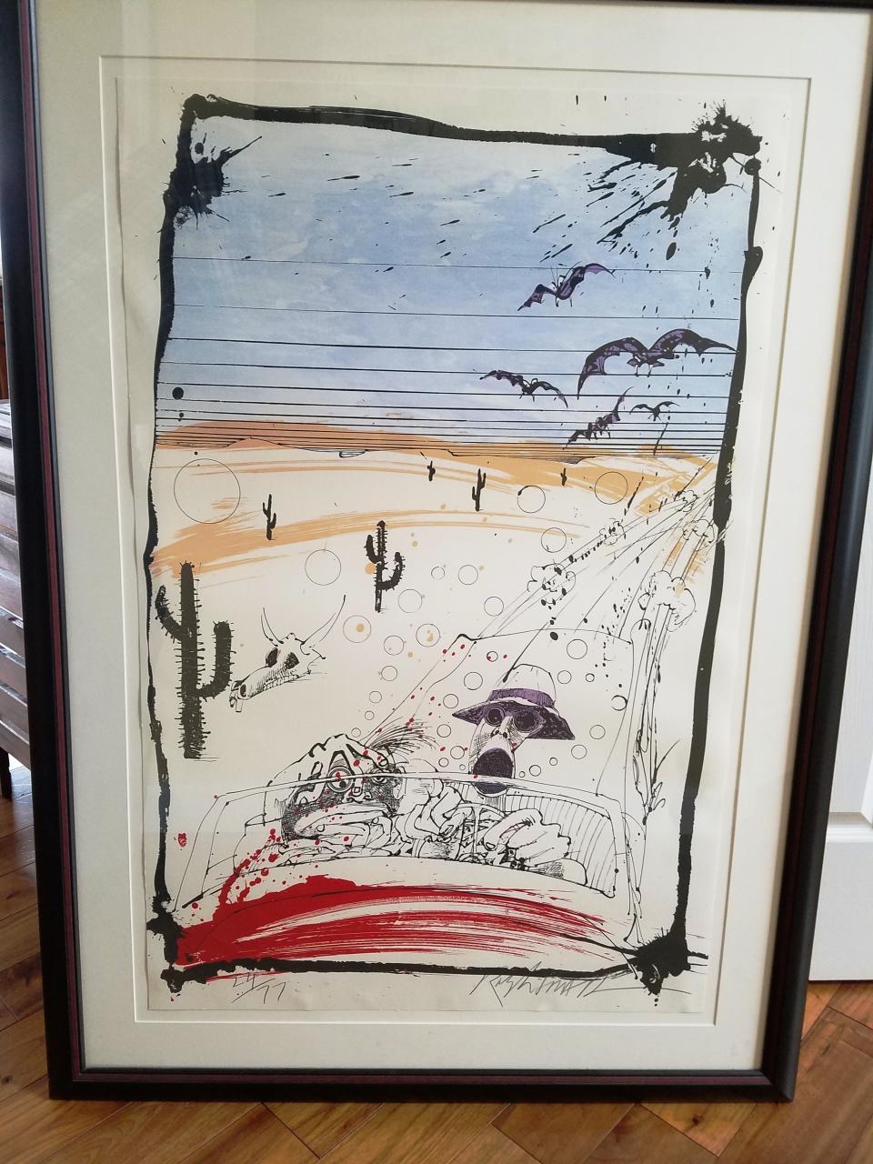 Steadman, Ralph [Thompson, Hunter]. Bats Over Barstow. [Lexington, KY]: [Petro III Graphics], [1994]. First Edition. Copy #24 of only 77 signed by Steadman of this large (26" x 40" framed to an overall size of 36" x 50") color silkscreen print, a redrawn version of the illustration for the cover of Fear and Loathing in Las Vegas.