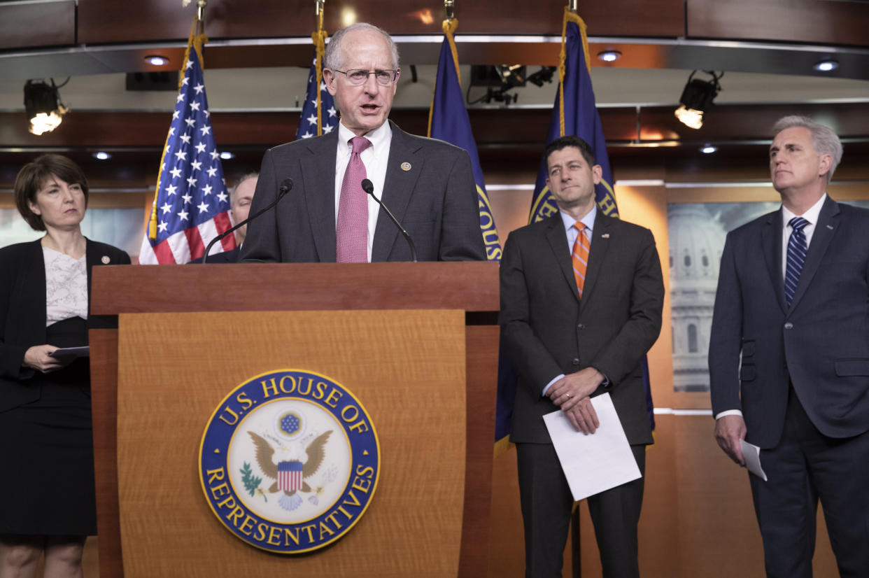 House Agriculture Committee Chairman Mike Conaway (R-Texas) &mdash; joined by Rep. Cathy McMorris Rodgers (R-Wash.), Speaker of the House Paul Ryan (R-Wis.) and Majority Leader Kevin McCarthy (R-Calif.) &mdash; announces a farm bill&nbsp;on Capitol Hill in May. The GOP hopes to get the legislation passed before Democrats gain control of the House in January.&nbsp; (Photo: Associated Press)