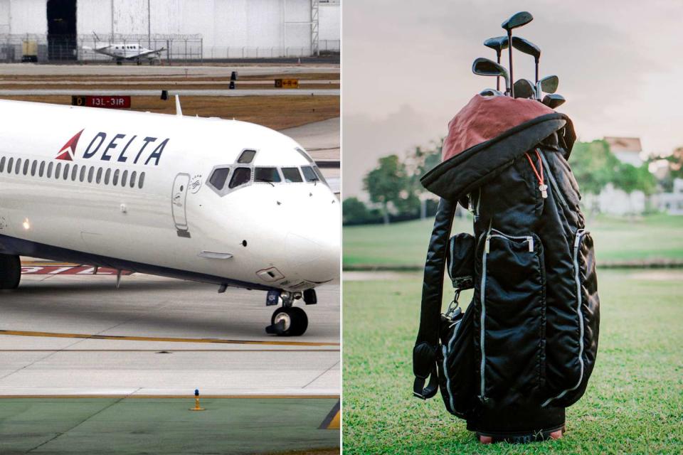 <p>Robert Alexander/Getty; Getty</p> (L-R) Stock image of a Delta airplane, stock image of a black golf bag