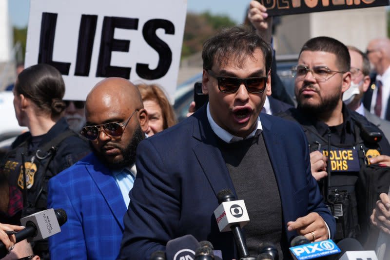 Former New York Rep. George Santos speaks to the press at Long Island Federal Courthouse in New York's eastern district where charges were filed under seal on May 10. The House voted to expel Santos in December. File Photo by John Nacion/UPI
