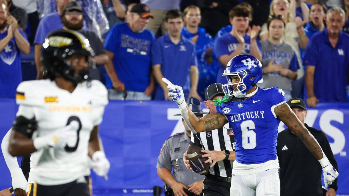 Kentucky wide receiver Dane Key (6) celebrates a first-half reception against Southern Miss on Saturday at Kroger Field.