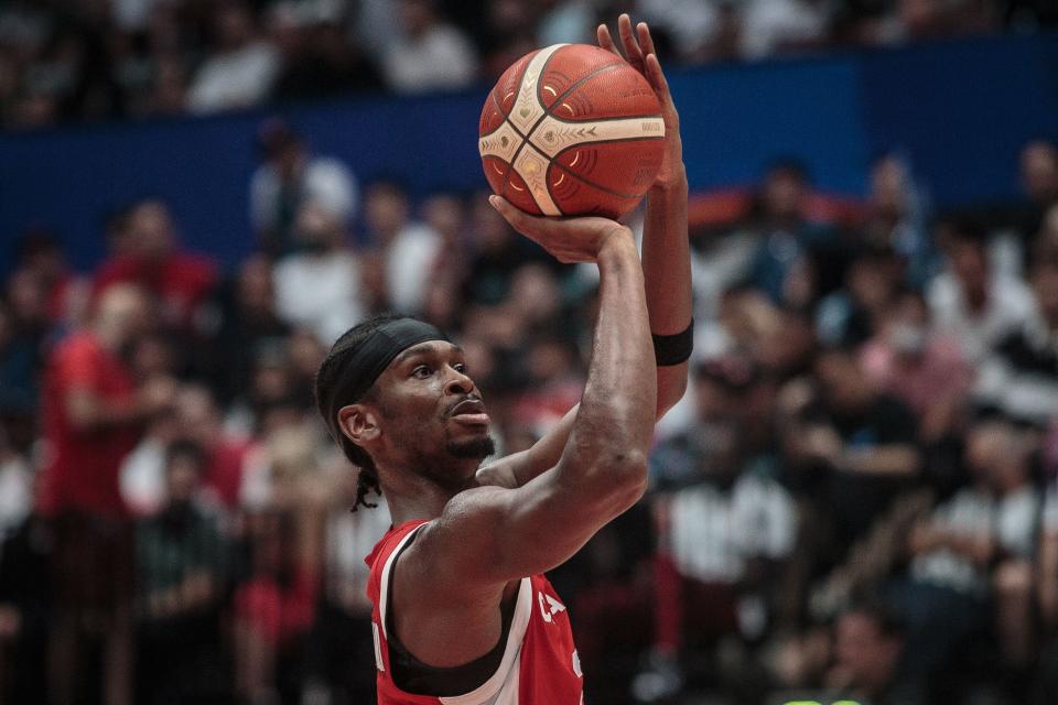 Canada’s Shai Gilgeous-Alexander (C) shoots a free-throw during the FIBA Basketball World Cup group L match between Spain and Canda at Indonesia Arena in Jakarta on September 3, 2023. (Photo by AFP) (Photo by -/AFP via Getty Images)