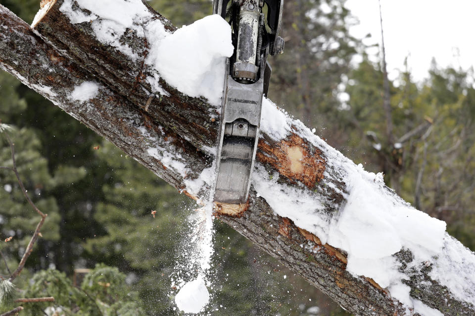 In this Feb. 22, 2017, photo, a log felled days earlier is grabbed by a log yarder after being hauled up a steep slope where a crew is thinning a 100-acre patch on private land owned by the Nature Conservancy overlooking Cle Elum Lake, in Cle Elum, Wash. As part of a broader plan by the nonprofit environmental group to restore the pine forests of the Central Cascades so they are more resilient to wildfires and climate change, they're cutting down trees to save the forest. (AP Photo/Elaine Thompson)