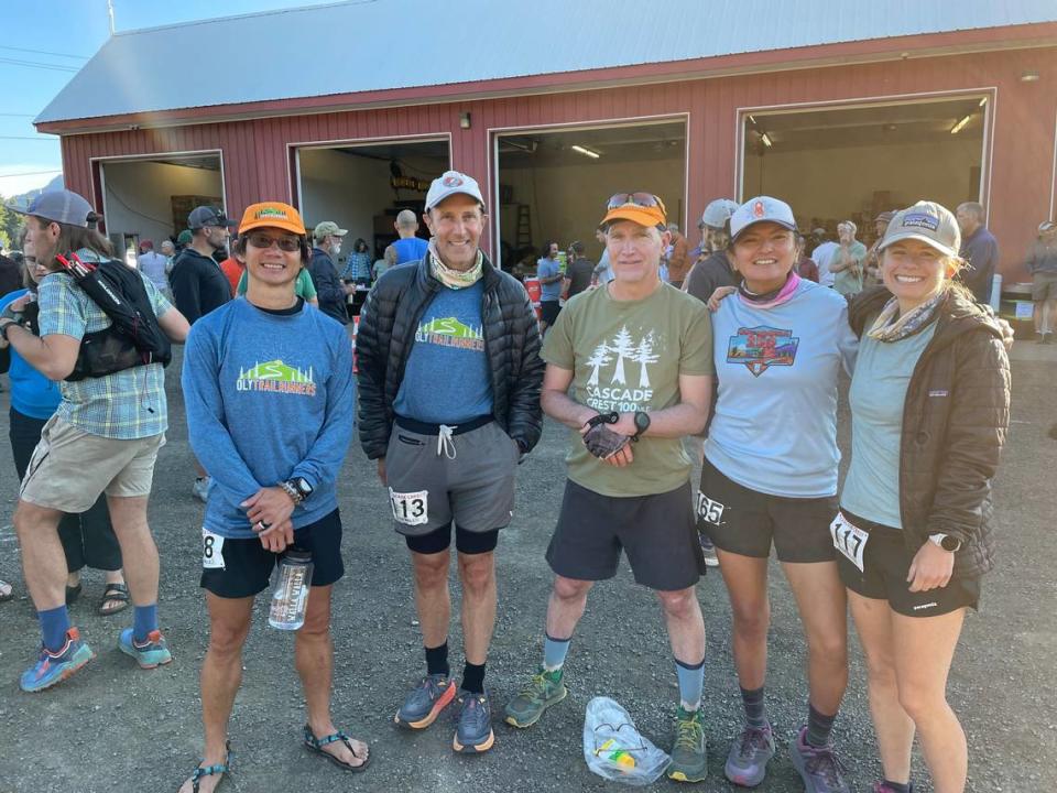 Oly Trail Runners Bao La, Micheal Marchand, John Rodakowski, Phyllis Stanley and Hannah McLean (from left to right) were part of the nine-person group that completed in the Cascade Crest 100 July 21-22.