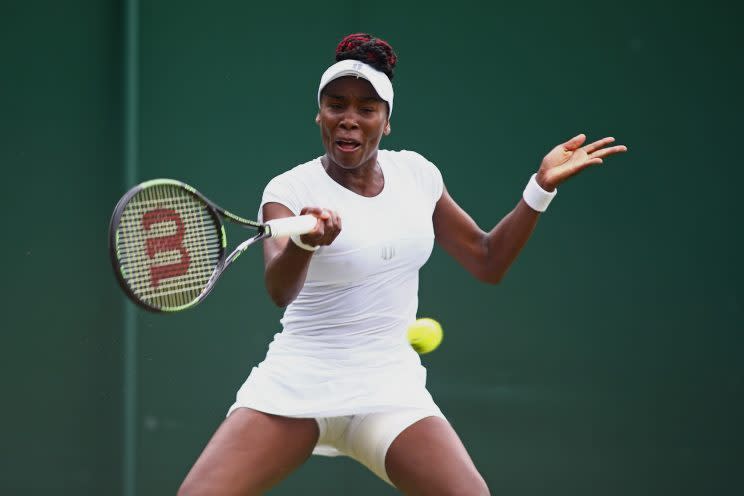 <p>Venus Williams of The United States plays a forehand during the Ladies Singles second round match against Maria Sakkari of Greece on day four of the Wimbledon Lawn Tennis Championships at the All England Lawn Tennis and Croquet Club on June 30, 2016 in London, England. (Photo by Jordan Mansfield/Getty Images)</p>