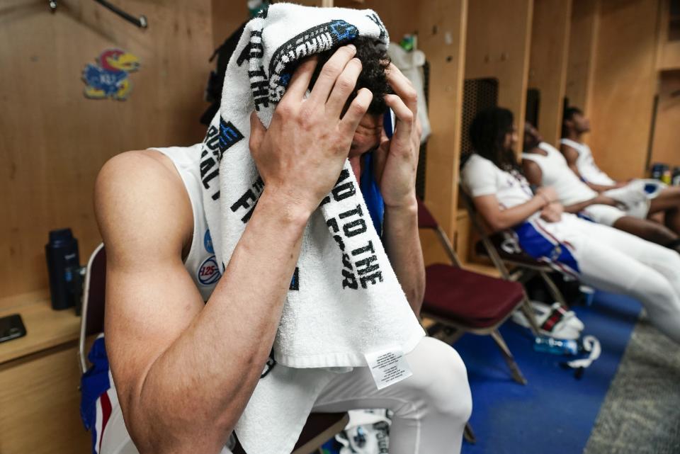 Kansas' Kevin McCullar Jr. reacts after a second-round college basketball game against Arkansas in the NCAA Tournament Saturday, March 18, 2023, in Des Moines, Iowa. Arkansas won 72-71. (AP Photo/Morry Gash)