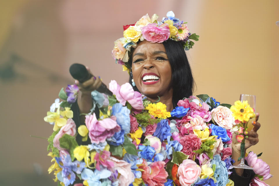 Janelle Monae performs during the Glastonbury Festival in Worthy Farm, Somerset, England, Sunday, June 30, 2024. (Scott A Garfitt/Invision/AP)