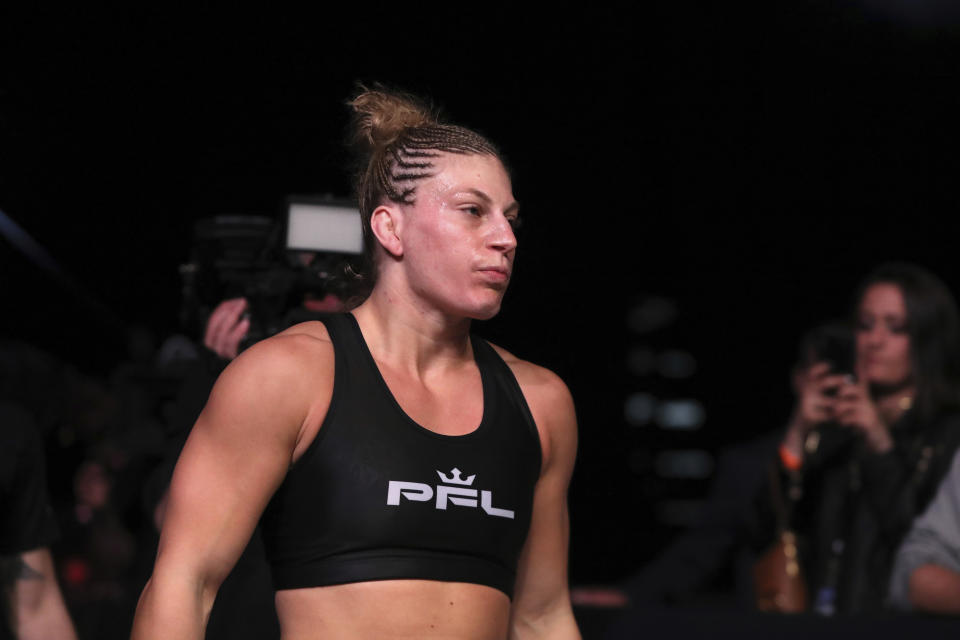 Kayla Harrison walks to the cage for her bout against Larissa Pacheco at PFL 1, Thursday, May 9, 2019, at the Nassau Coliseum (NYCB Live) in Uniondale, NY. Harrison won via unanimous decision. (AP Photo/Gregory Payan)