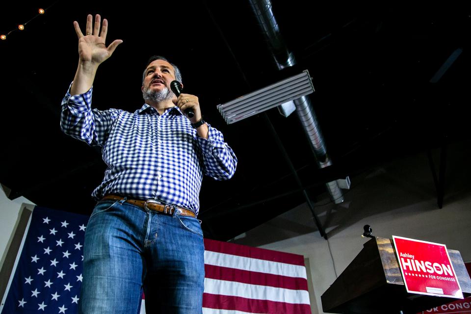 U.S. Sen. Ted Cruz, R-Texas, speaks during the inaugural Ashley's BBQ Bash fundraiser, Saturday, Aug. 28, 2021, at the Linn County Fairgrounds in Central City, Iowa.