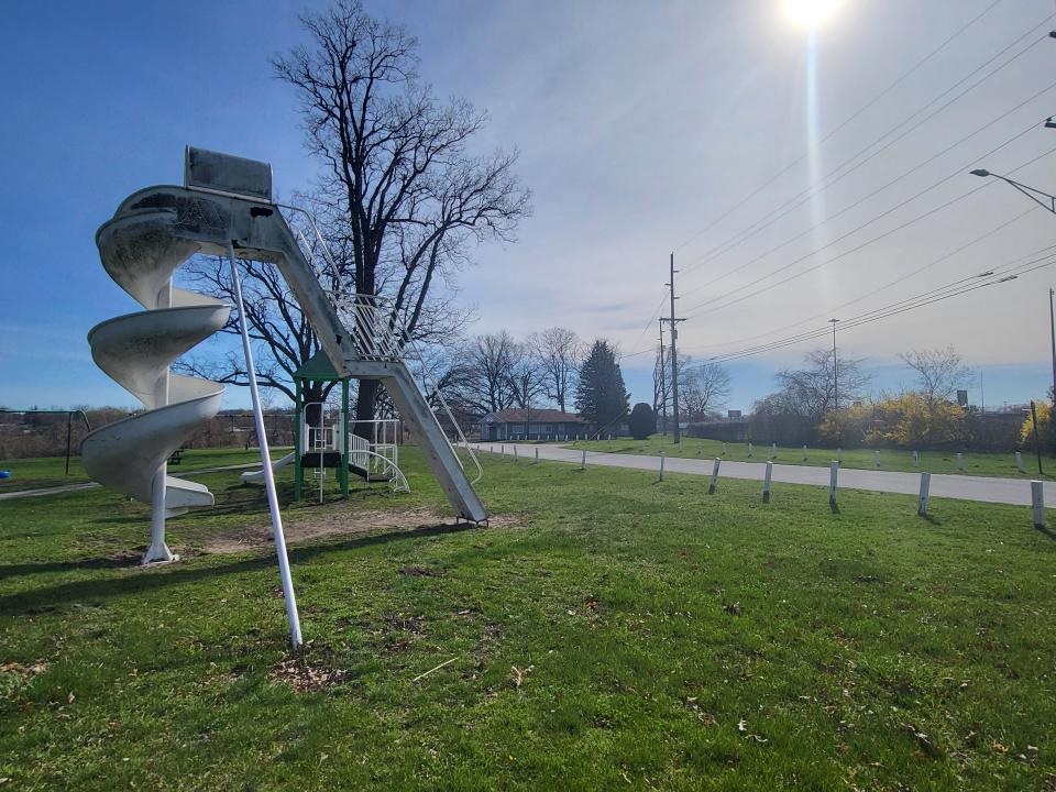 The sun shines over an aging playground at a Port Huron Township park off of Water Street on Tuesday, April 16, 2024.