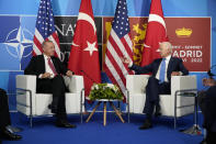 President Joe Biden meets with Turkey's President Recep Tayyip Erdogan during the NATO summit in Madrid, Wednesday, June 29, 2022. (AP Photo/Susan Walsh)