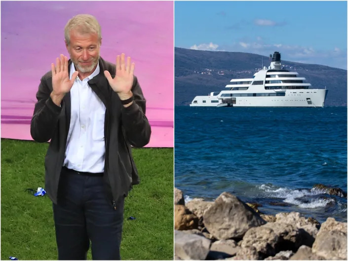 Roman Abramovich next to a picture of his superyacht, Solaris, in Porto Montenegro