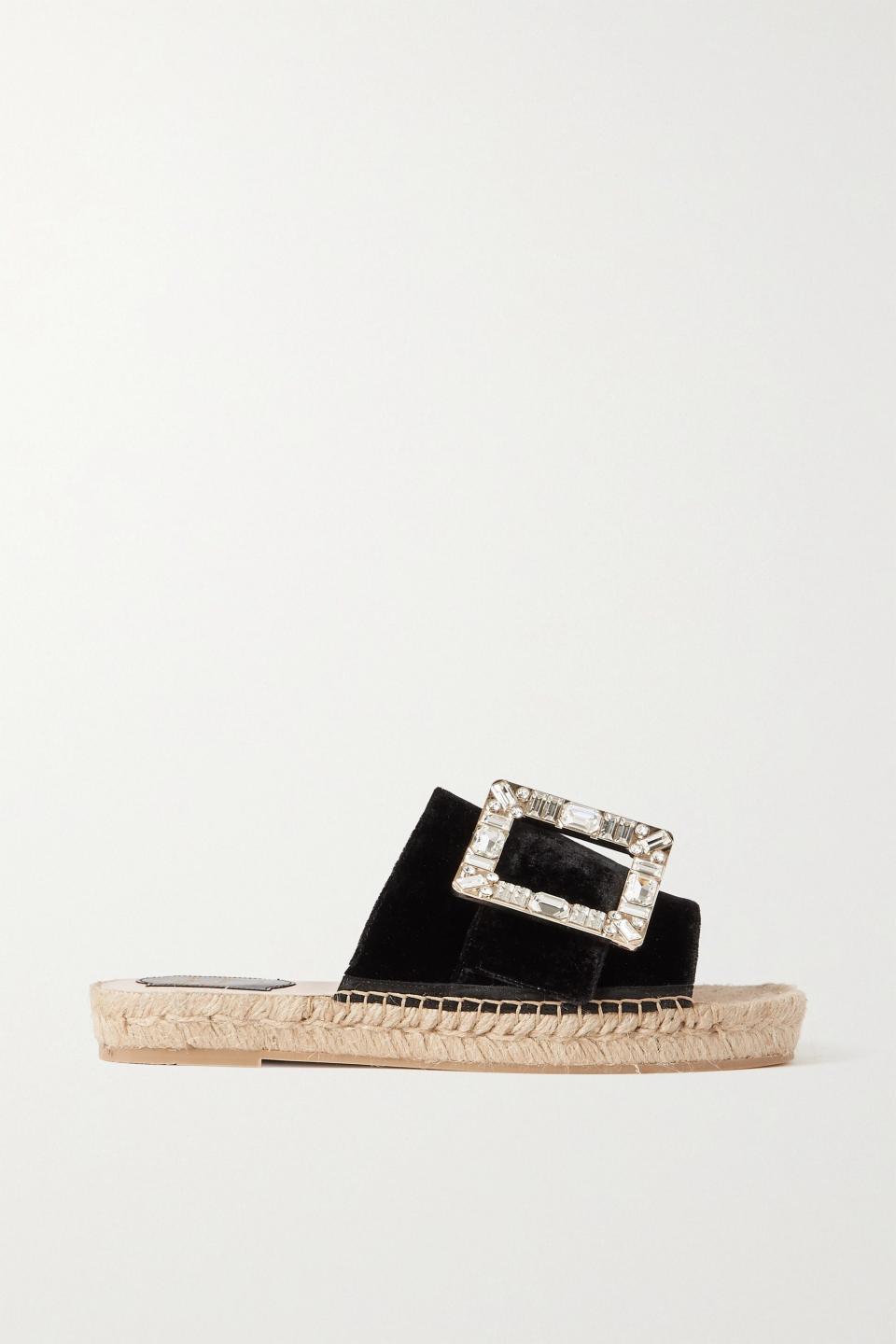 3) Crystal-Embellished Velvet Espadrille Slides