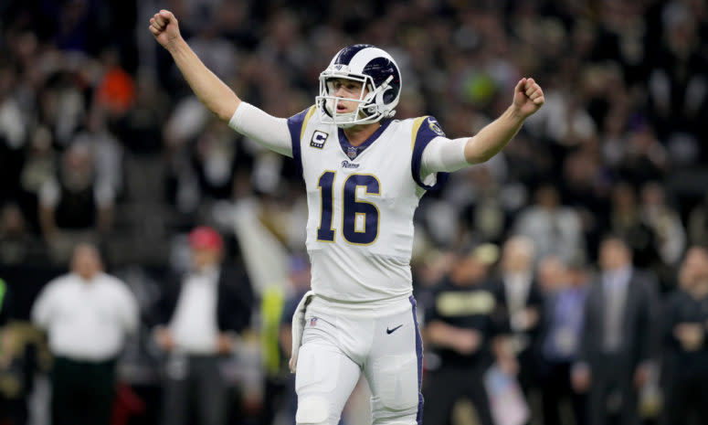 Los Angeles Rams QB Jared Goff celebrating during a game.