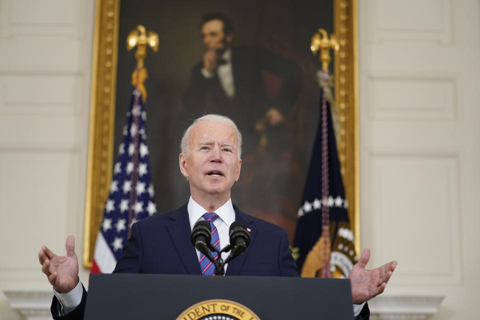 President Joe Biden speaks about the March jobs report in the State Dining Room of the White House, Friday, April 2, 2021, in Washington. (AP Photo/Andrew Harnik)