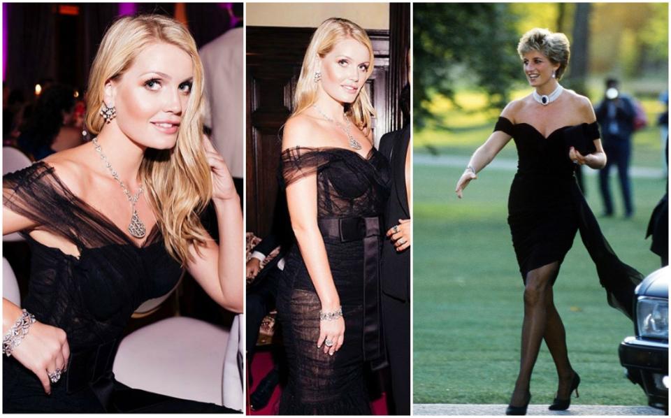 Kitty Spencer chose to channel her aunt Princess Diana with a ruched black gown at the <span>Bulgari Tribute to Femininity exhibition.</span> Source: Instagram/Kitty Spencer | Getty