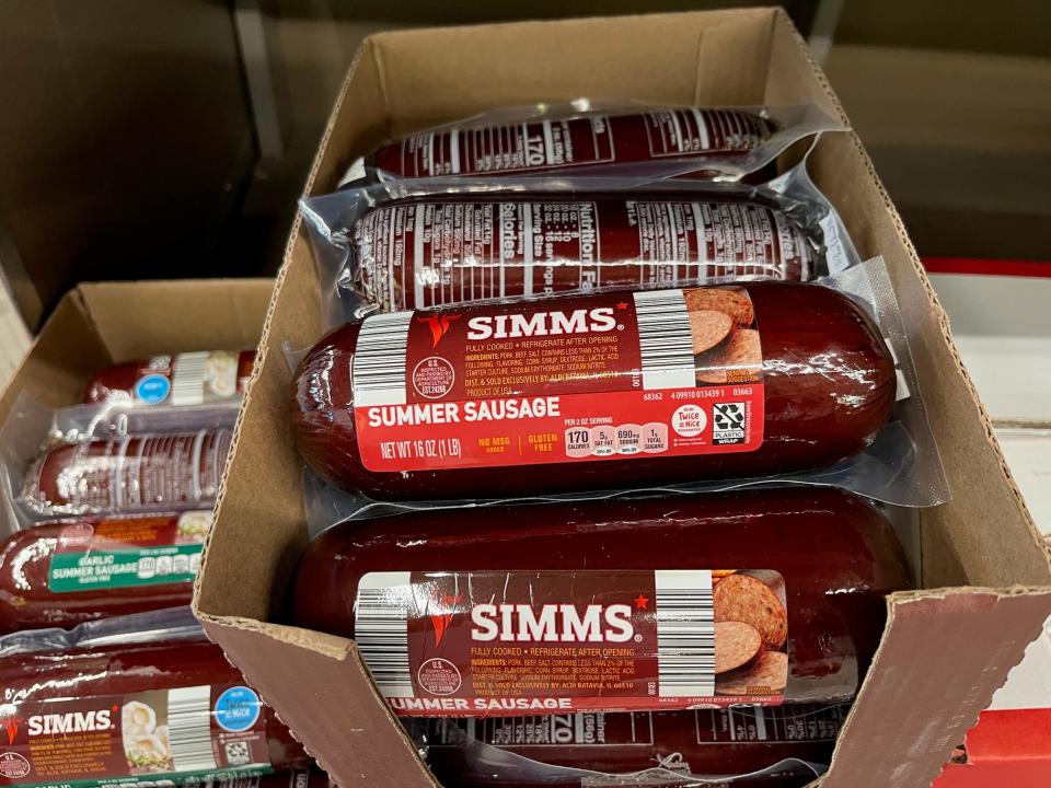 Simms' summer sausage from Aldi in a cardboard box.