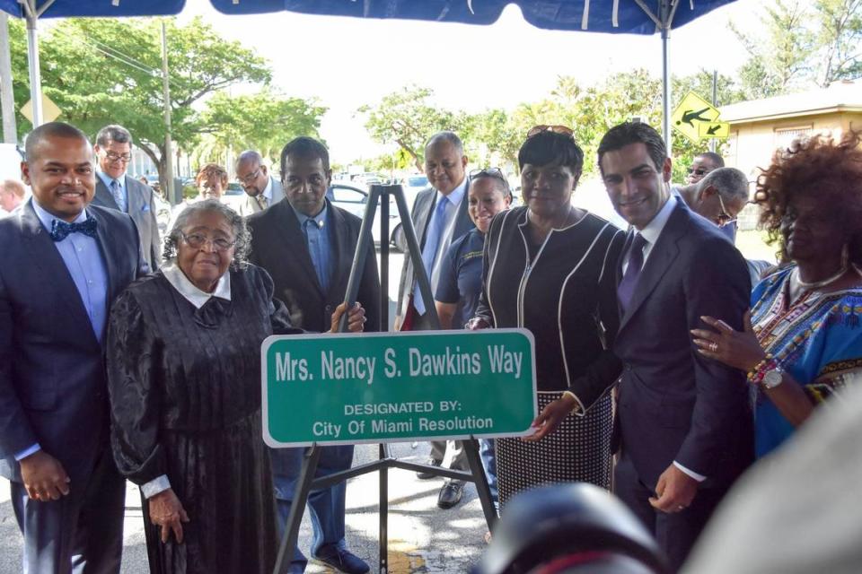 Miami and Miami-Dade County elected officials with Nancy Dawkins at the 2017 unveiling of Nancy Dawkins Way.