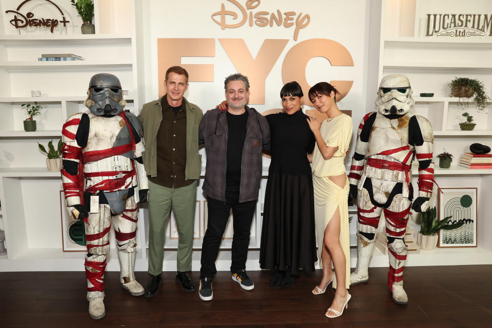 Hayden Christensen, Dave Filoni, Chief Creative Officer, Lucasfilm, Rosario Dawson and Natasha Liu Bordizzo pose with "Stormtroopers" during an Emmy FYC event for Lucasfilm's Star Wars: Ahsoka