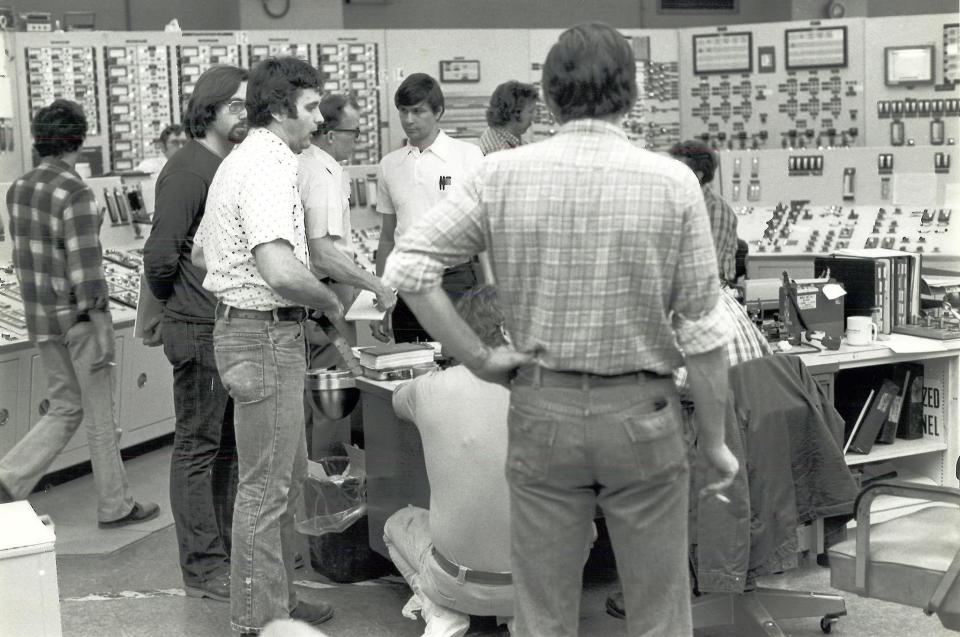 The Three Mile Island Unit 2 Control Room bustles during the crisis in 1979. 