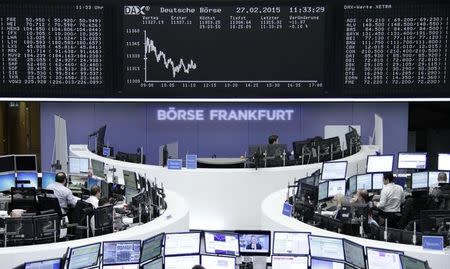 Traders are pictured at their desks in front of the DAX board at the Frankfurt stock exchange February 27, 2015. REUTERS/Pawel Kopczynski/Remote