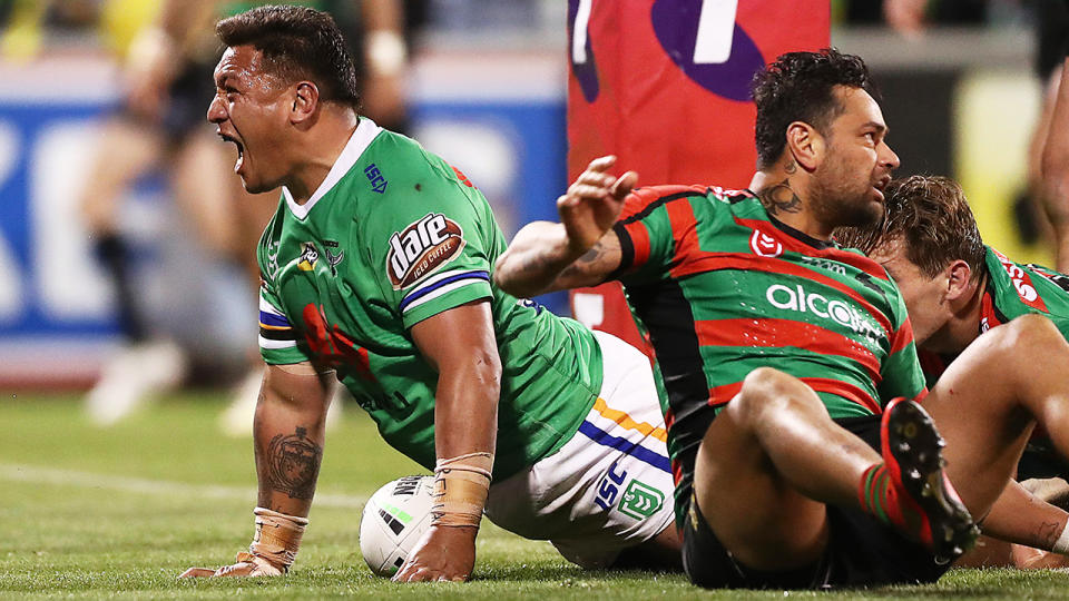 Josh Papalii of the Raiders celebrates scoring a try during the NRL Preliminary Final match between the Canberra Raiders and the South Sydney Rabbitohs at GIO Stadium on September 27, 2019 in Canberra, Australia. (Photo by Mark Metcalfe/Getty Images)