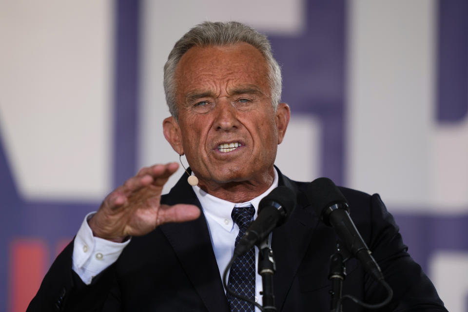 Presidential candidate Robert F. Kennedy, Jr. speaks during a campaign event at Independence Mall, Monday, Oct. 9, 2023, in Philadelphia. (AP Photo/Matt Rourke)