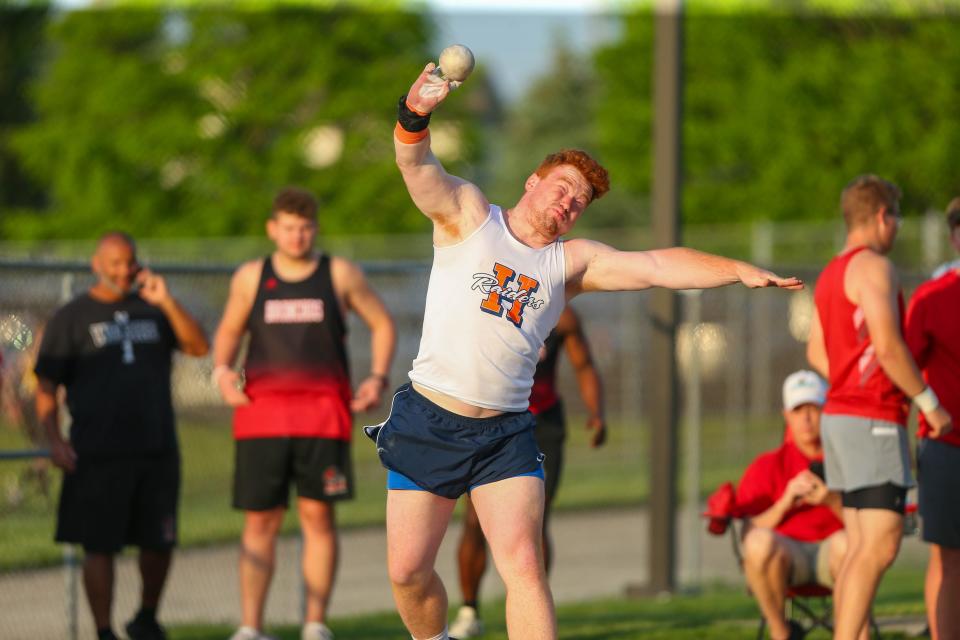 Thomas Urban (12), Harrison High School, launches his shot hitting 52-11.00 in the Boys Shot Put at the 2022 IHSAA Boys Track and Field Sectional at West Lafayette Athletic Complex, on May 19, 2022, in West Lafayette.