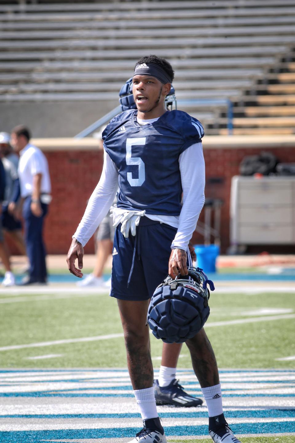 Wylan Free (5), shown at Georgia Southern's second practice of the fall on Thursday, Aug. 4, 2022,  is a sixth-year player who transferred from Fresno State and plays both cornerback and safety.