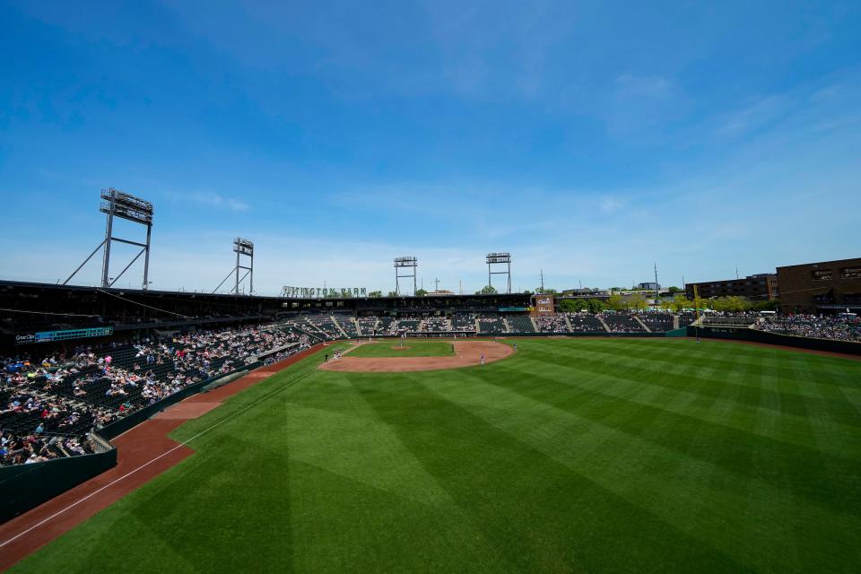 The Columbus Clippers play the St. Paul Saints in the Minor League Baseball game at Huntington Park in Columbus on May 12, 2022.