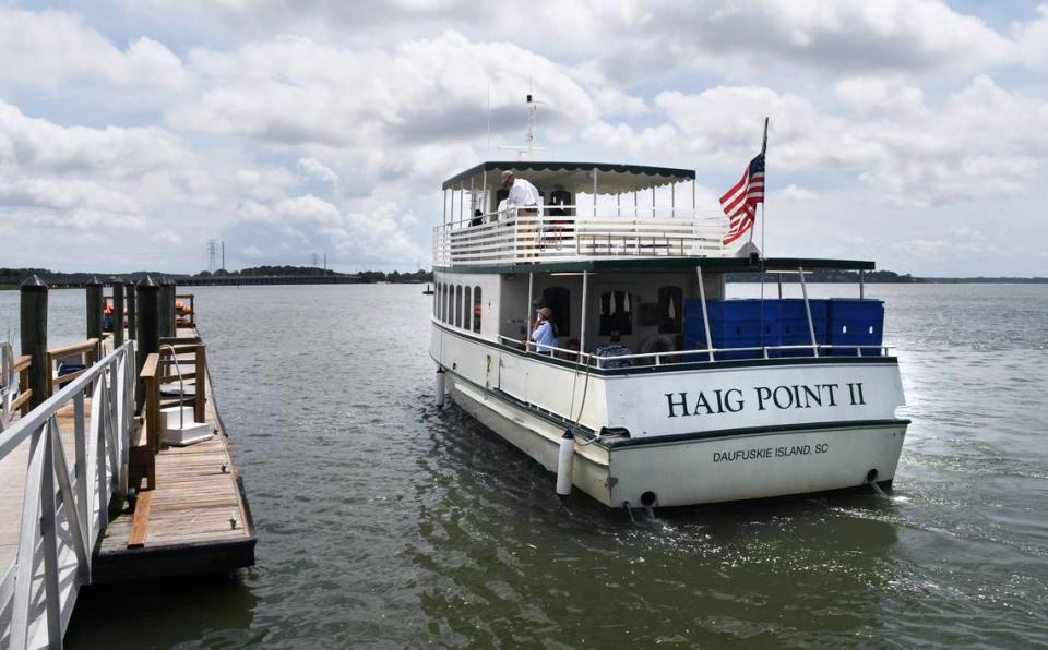 The Daufuskie Island Ferry, operated by Haig Point, sidles up to the dock at Buckingham Landing in Bluffton.