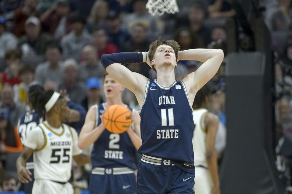 Utah State guard Max Shulga (11) reacts to an official’s call during NCAA Tournament first-round game against Missouri in Sacramento, Calif., Thursday, March 16, 2023. Missouri won 76-65. | Randall Benton, Associated Press