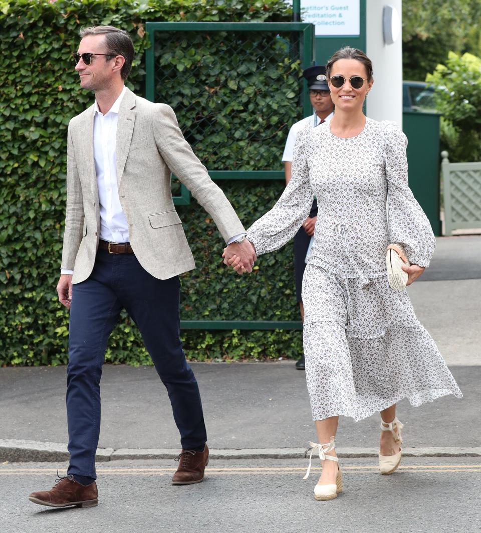 James Matthews and Pippa Middleton seen arriving at Wimbledon for Men's Semi Final Day on July 12, 2018 in London, England