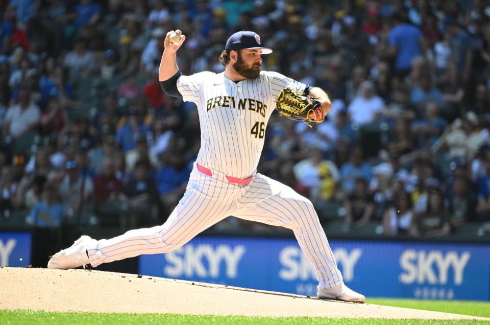 May 12, 2024; Milwaukee, Wisconsin, USA; Milwaukee Brewers pitcher Bryse Wilson (46) delivers a pitch against the St. Louis Cardinals in the first inning at American Family Field. Mandatory Credit: Michael McLoone-USA TODAY Sports