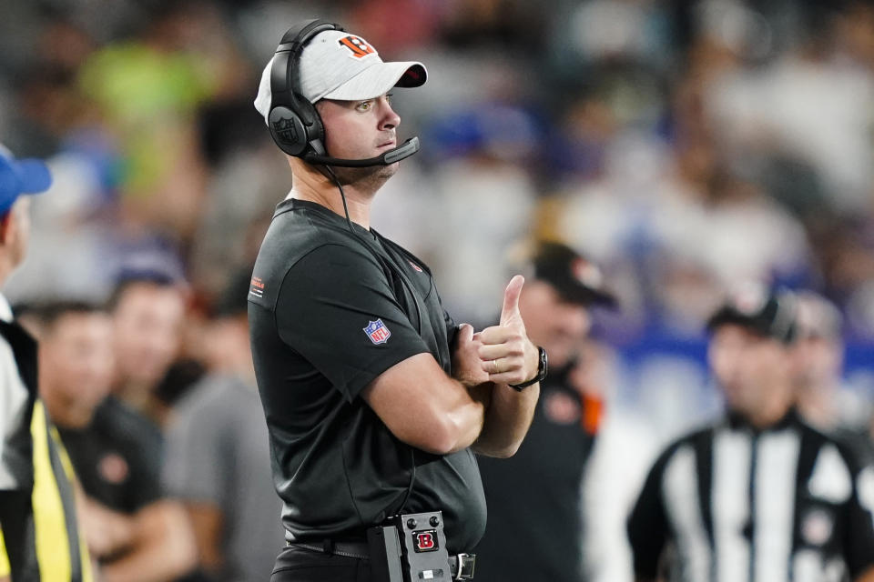 Cincinnati Bengals head coach Zac Taylor gestures during the second half of a preseason NFL football game against the New York Giants, Sunday, Aug. 21, 2022, in East Rutherford, N.J. (AP Photo/John Minchillo)