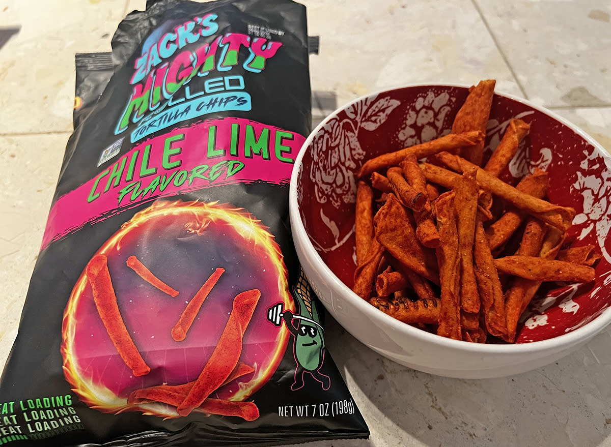 zach's chile lime tortilla chips in a bowl and a bag.