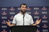 Indianapolis Colts quarterback Andrew Luck speaks during a news conference following an NFL preseason football game against the Chicago Bears, Saturday, Aug. 24, 2019, in Indianapolis. The oft-injured star is retiring at age 29. (AP Photo/Michael Conroy)