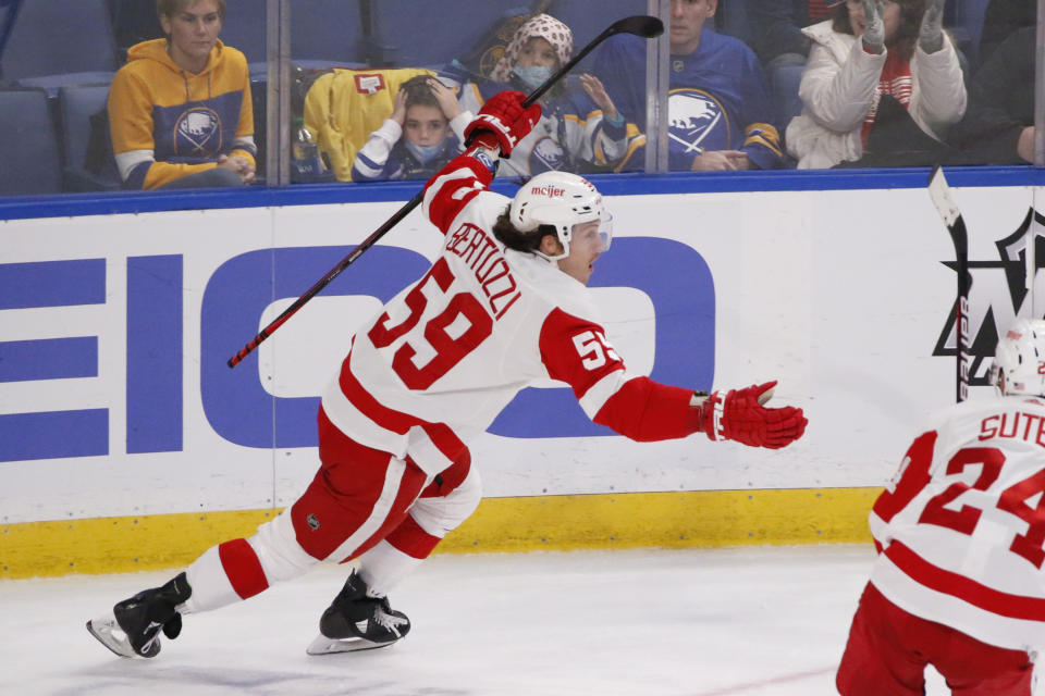 Detroit Red Wings left wing Tyler Bertuzzi (59) celebrates his goal during the third period of an NHL hockey game against the Buffalo Sabres, Saturday, Nov. 6, 2021, in Buffalo, N.Y. (AP Photo/Jeffrey T. Barnes)