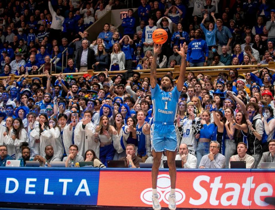 North Carolina’s Leaky Black (1) misses a three point attempt with 1:05 to play in the second half against Duke on Saturday, February 4, 2023 at Cameron Indoor Stadium in Durham, N.C. The Tar Heels did not score in the final 3:57 of play.
