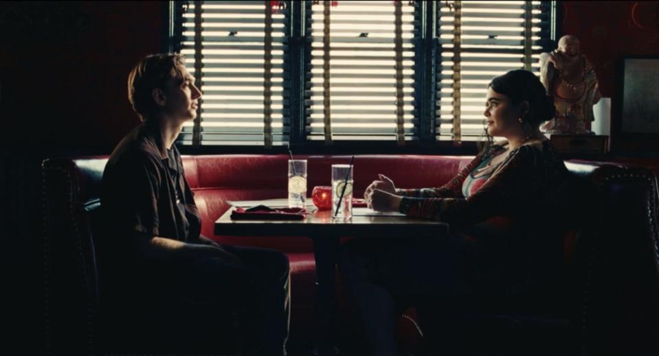 Ethan and Kat at a restaurant table on season two of "Euphoria."